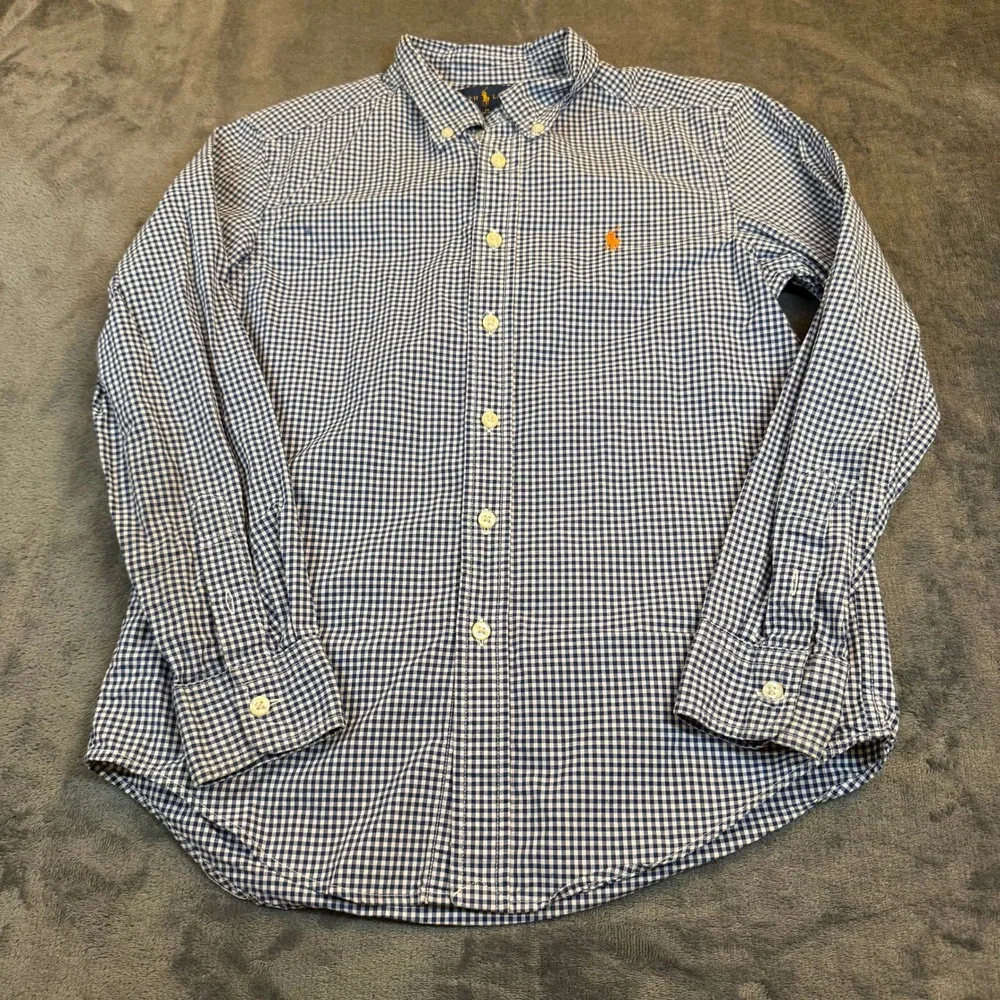 Ralph Lauren Boys Blue White Gingham Button Down Shirt Medium 10-12 Orange Pony‎